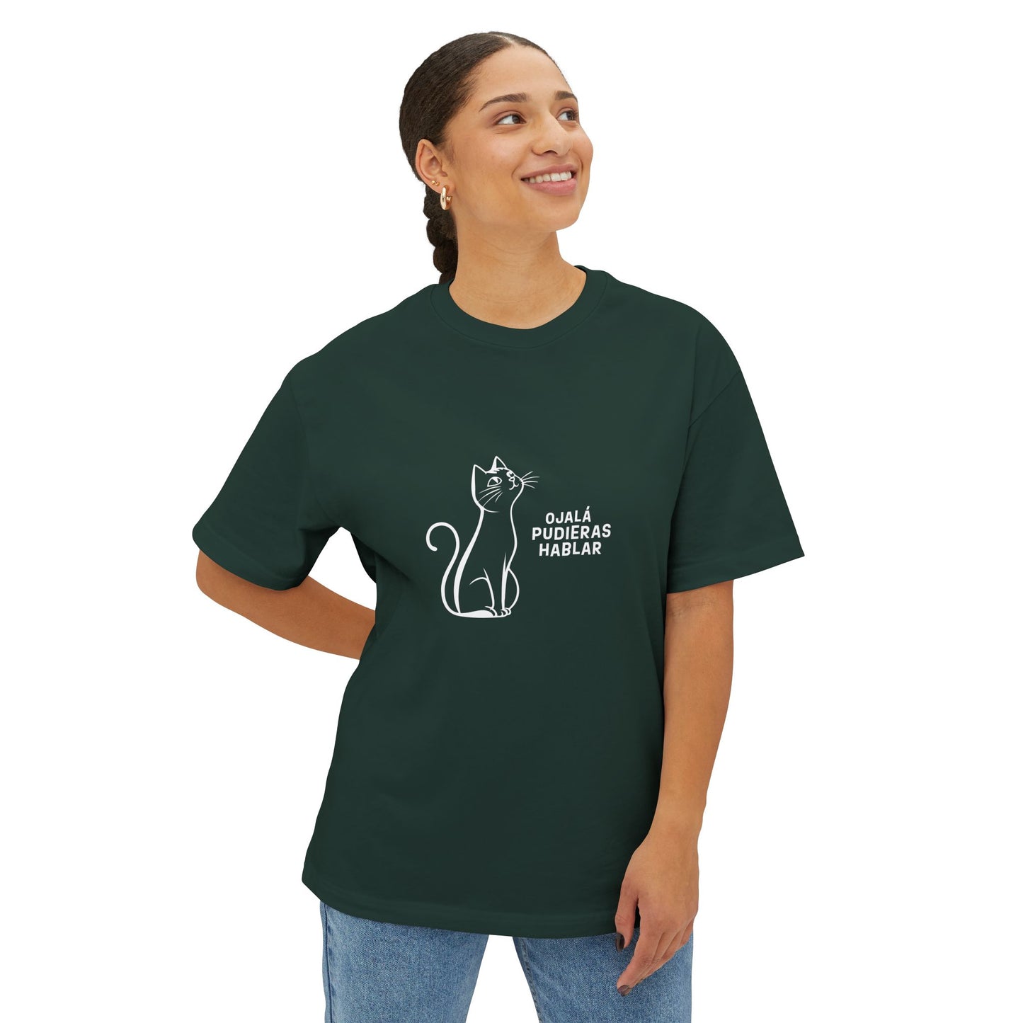 Unisex Oversized Boxy Tee, Toon Cat Wish, Spanish