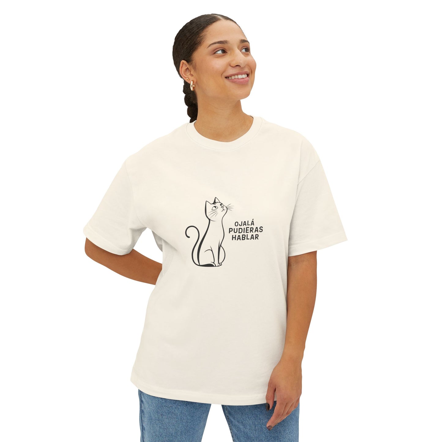 Unisex Oversized Boxy Tee, Toon Cat Wish, Spanish