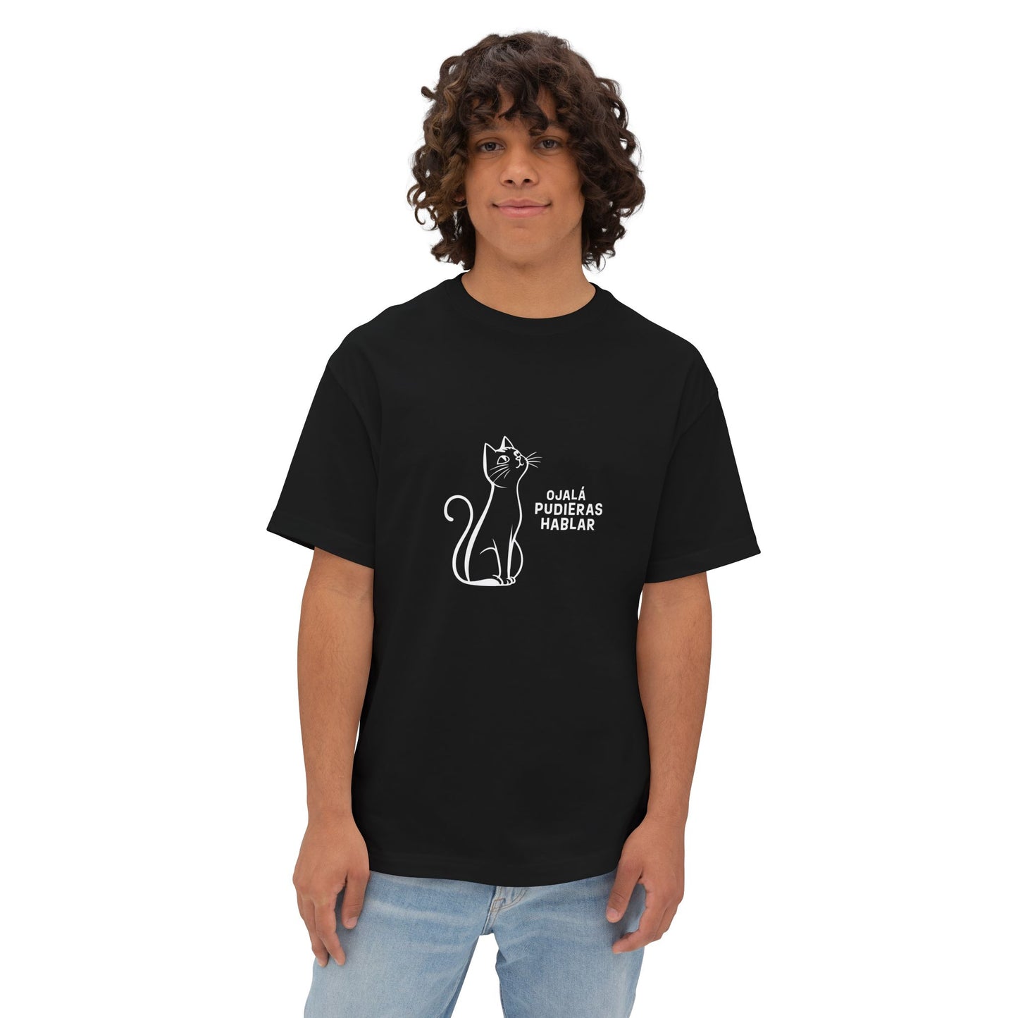 Unisex Oversized Boxy Tee, Toon Cat Wish, Spanish