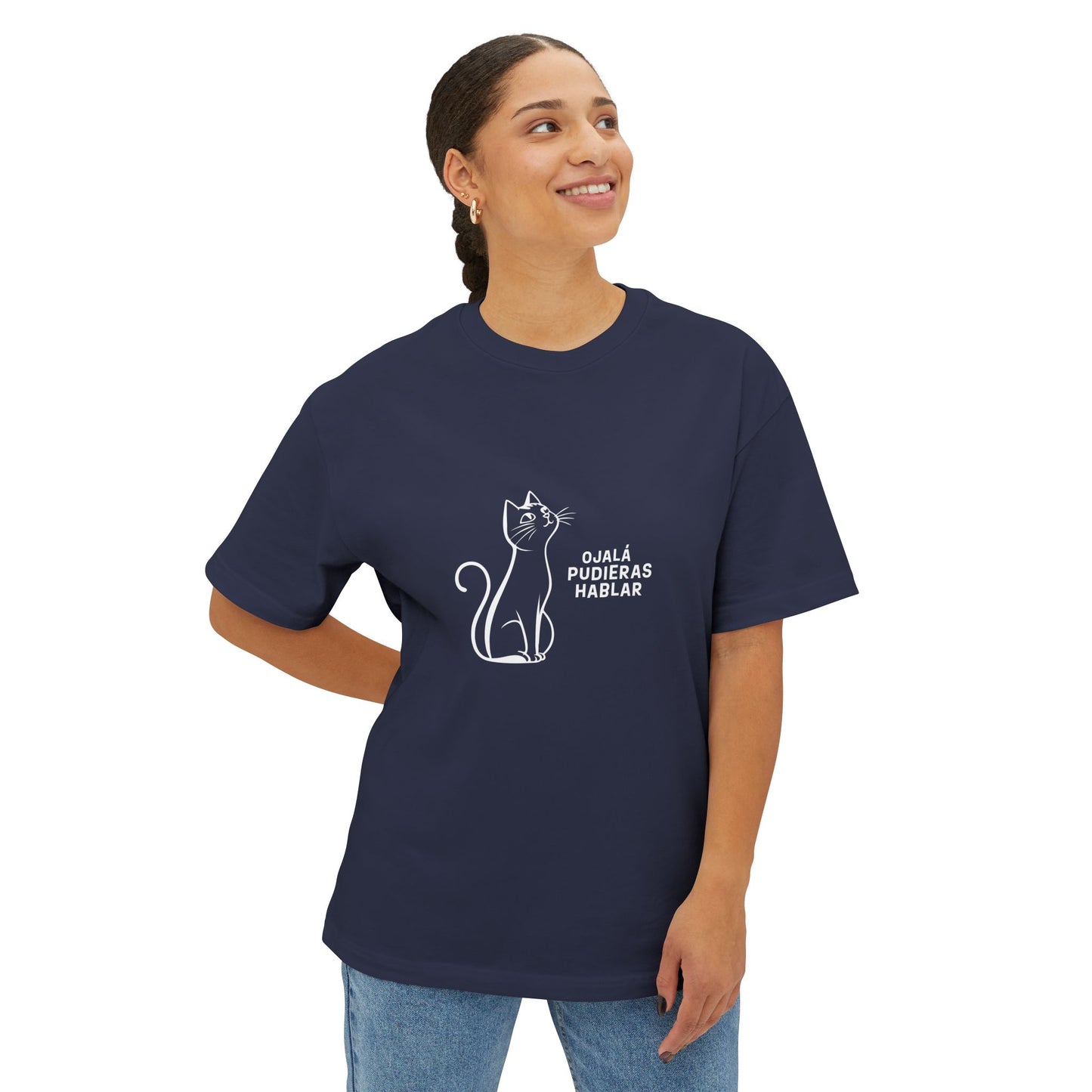 Unisex Oversized Boxy Tee, Toon Cat Wish, Spanish