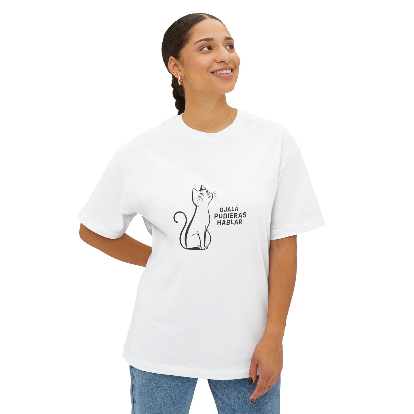 Unisex Oversized Boxy Tee, Toon Cat Wish, Spanish