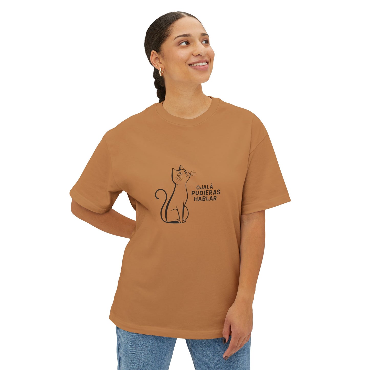 Unisex Oversized Boxy Tee, Toon Cat Wish, Spanish