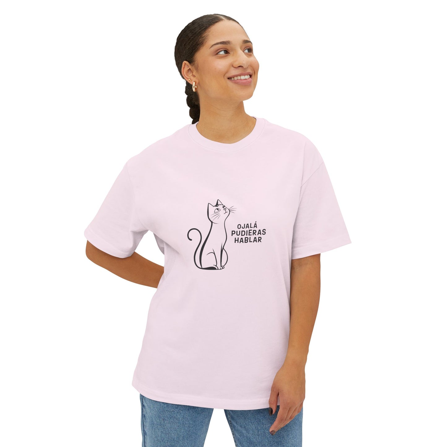 Unisex Oversized Boxy Tee, Toon Cat Wish, Spanish