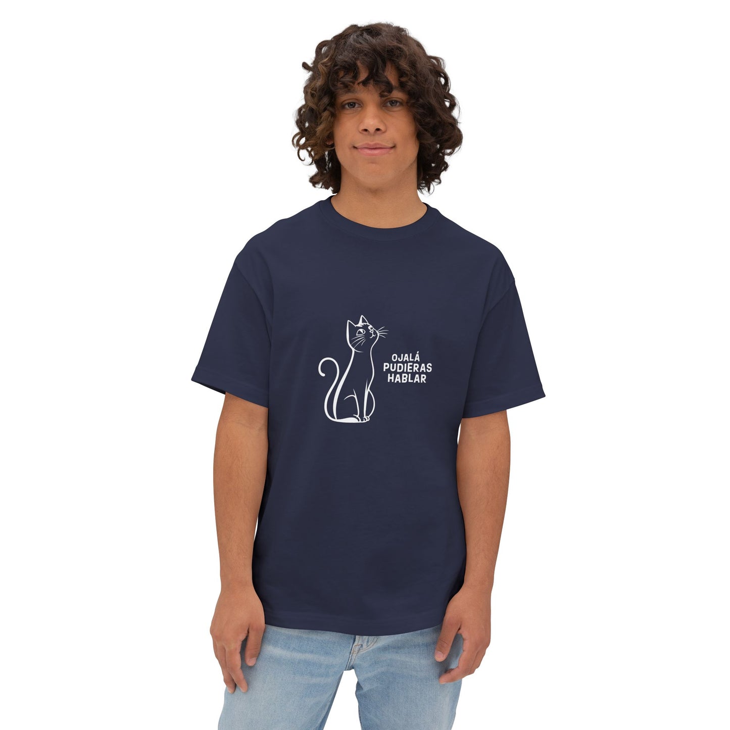 Unisex Oversized Boxy Tee, Toon Cat Wish, Spanish