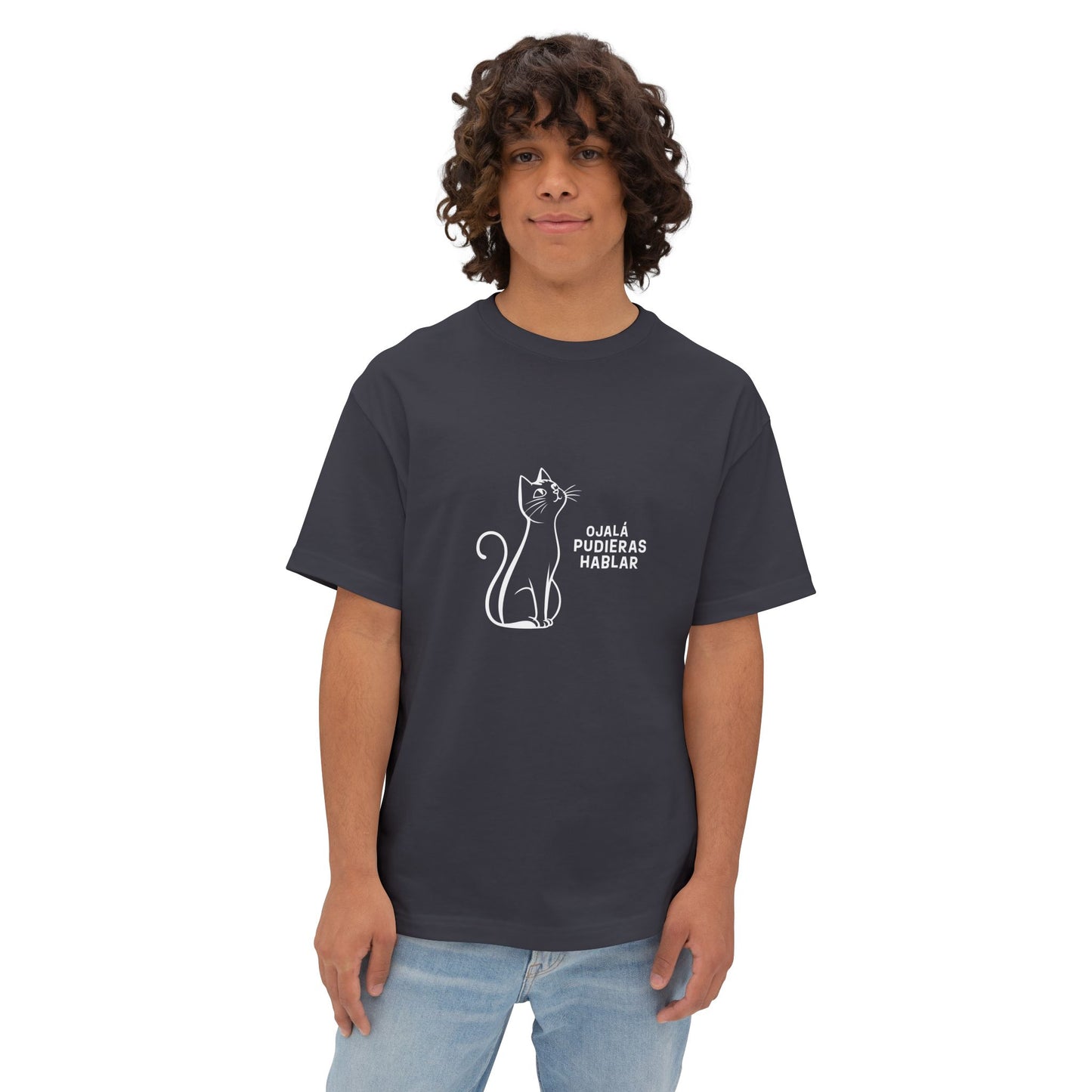 Unisex Oversized Boxy Tee, Toon Cat Wish, Spanish