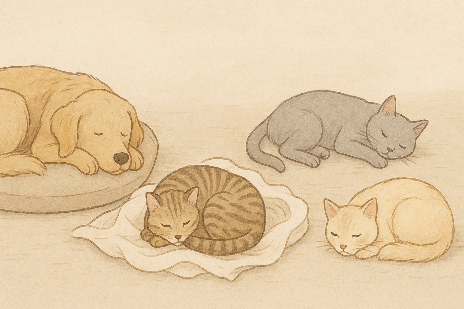 Calm, illustrated banner showing peaceful sleeping pets - golden retriever on round bed, tabby cat on blanket, gray cat and light cat resting, in soft hand-drawn style with muted beige tones
